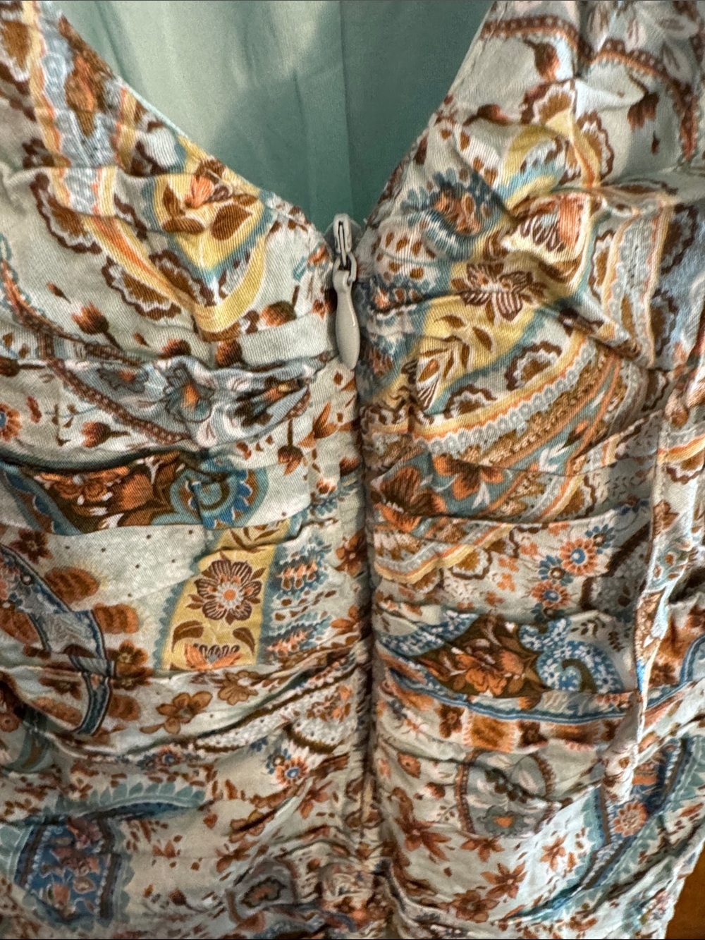 Sky To Moon Smocked Paisley Mini Dress in Cream Brown and Blue - Picture 3 of 7